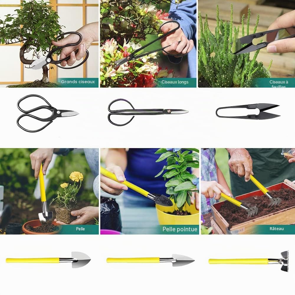 MOSFiATA Kit Bonsai 13 pièces Outils Bonsai avec Ciseaux pour bonsaï, Fil de Ligature pour Les bonsaïs, Mini râteau et Pelle, sécateurs de Jardin