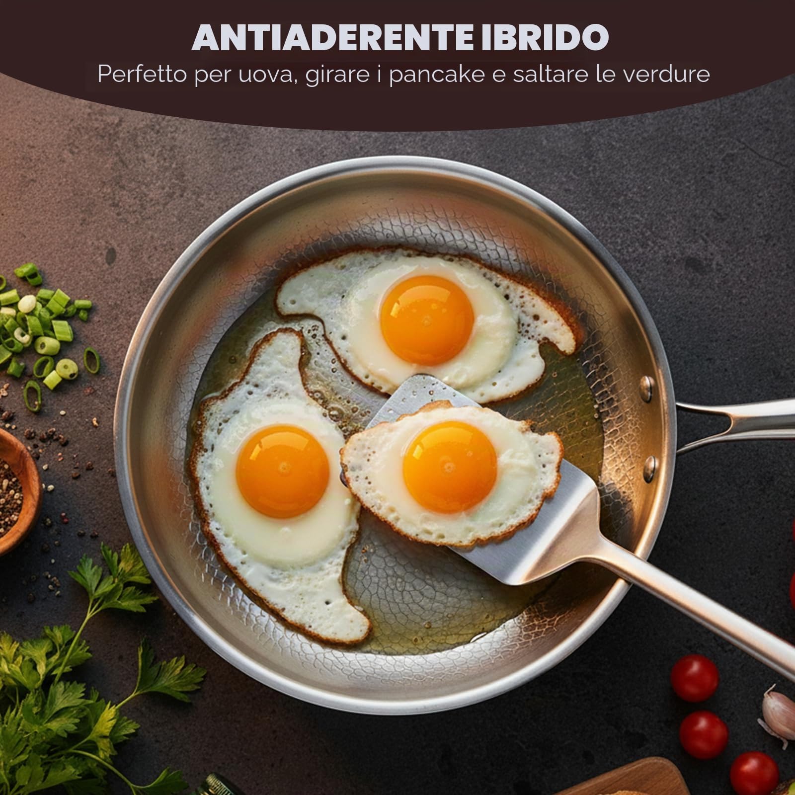 Padella in titanio con coperchio, padelle in titanio con motivo martellato per cucinare, antigraffio, antiaderente, padella Pro a induzione, per cucina e campeggio (28cm)