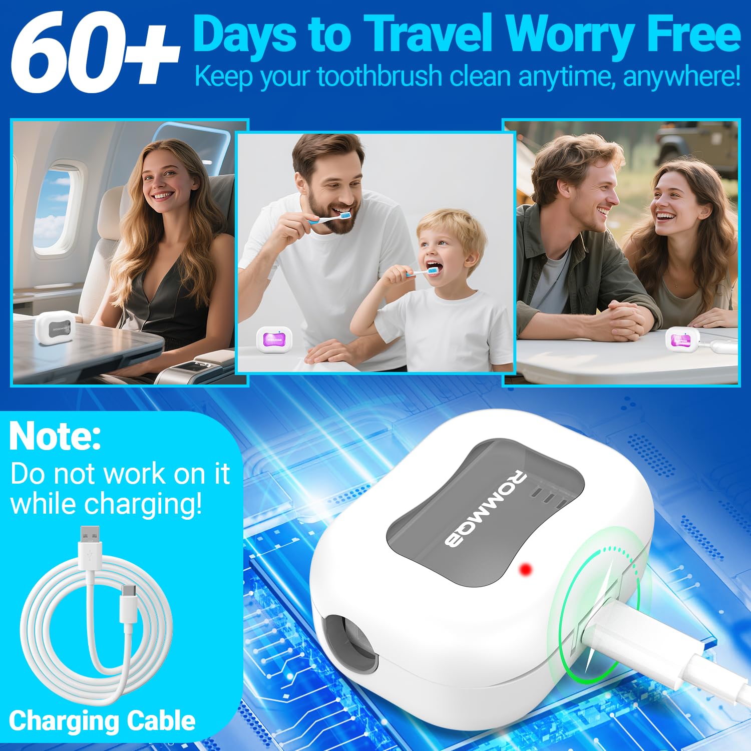 UV-C Brosse a Dent Désinfectant, ROMMQB Electric Toothbrush Sanitizer Cover with UV - Rechargeable Mini UV Stérilisateur Brosse à Dents - Auto Travel Etui Brosse a Dent for All Toothbrushes (Blanc)
