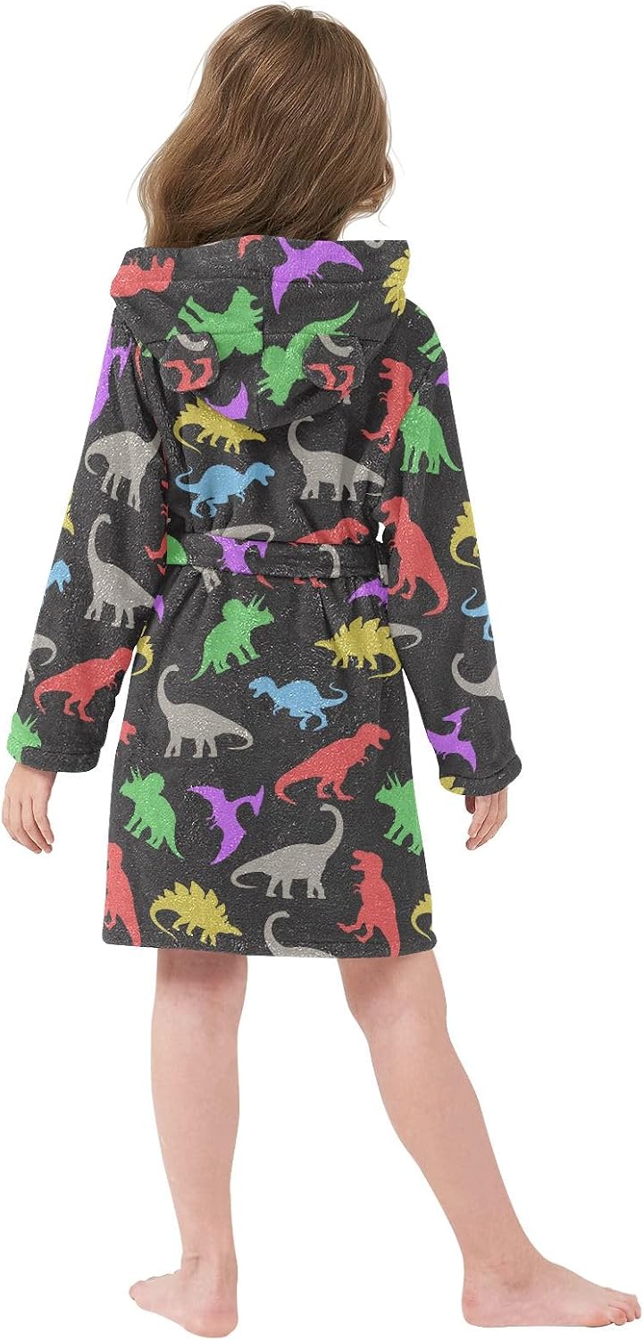 Dinosaur Colorful Prints Toddler Hooded Bathrobe for Boys Girls Soft Plush Bath Towel Robe 2-12 Years