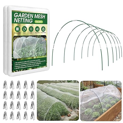 Garden Netting Kit for Raised Beds, 10x30FT Ultra Fine Mesh Netting＆ 6 Sets of 8FT Fiberglass Garden Hoops, Row Cover Insect Netting for Vegetable Plant Fruit Flowers Protection