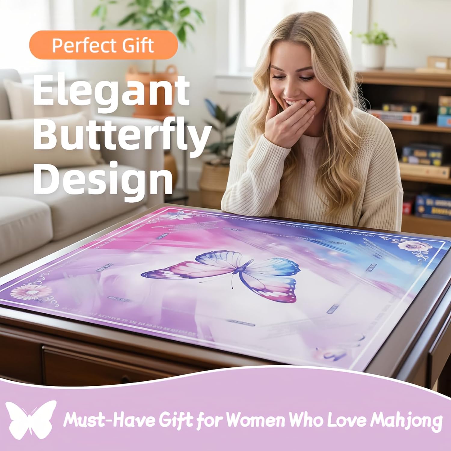 Mahjong Table Mat 31.5 x 31.5 in, Thickened Non-Slip American Mahjong Mat, Noise-Reducing Butterfly Design, Mahjong Gifts for Women, Dominoes, Cards & Board Games