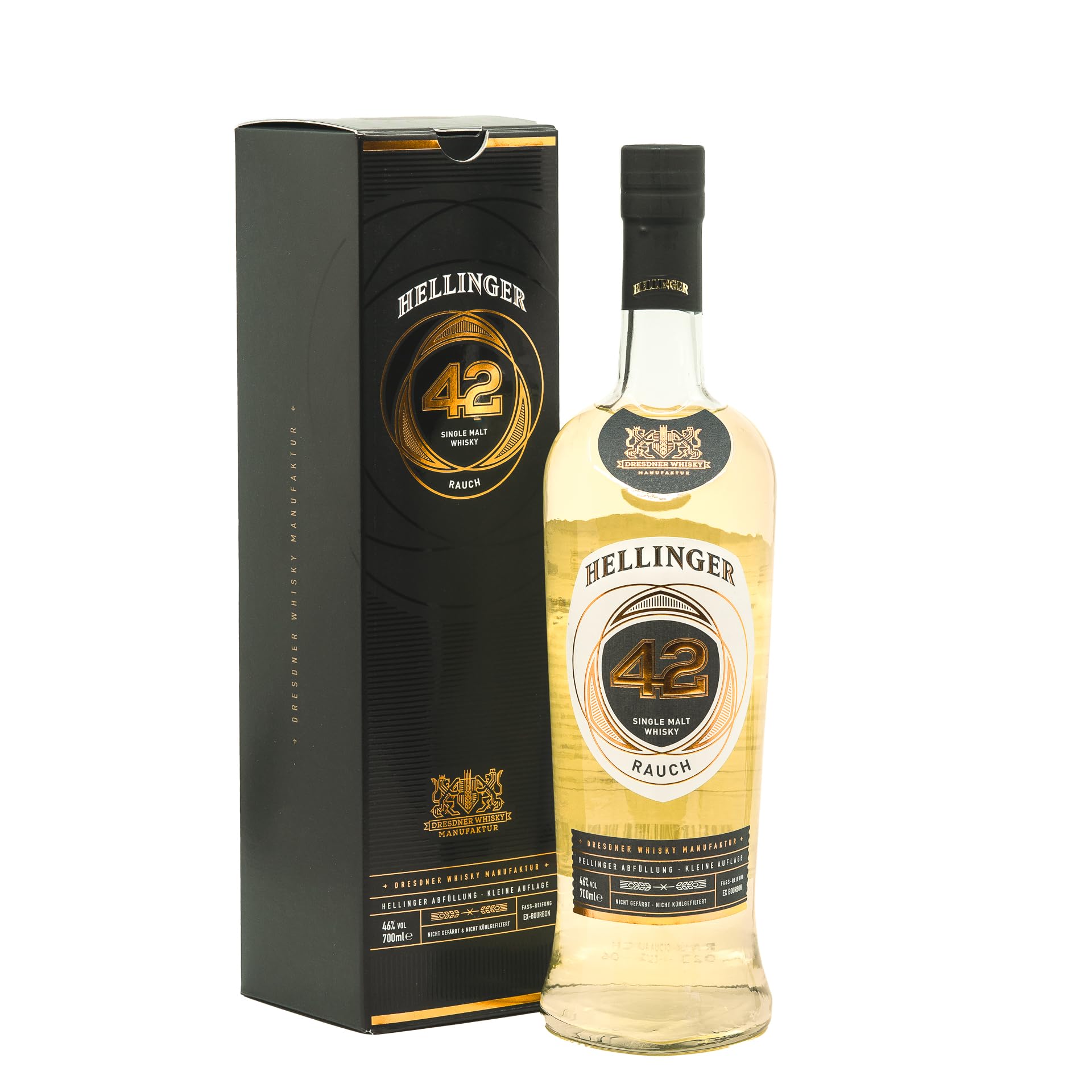 HELLINGER 42 Rauch - Sächsischer Single Malt Whisky - 46% Vol. Alkohol 700ml - Mit Noten von Orange, Apfel, Vanille & Honig – Dresdner Whisky Manufaktur – Räucherung über Torf, Reifung im Bourbonfass