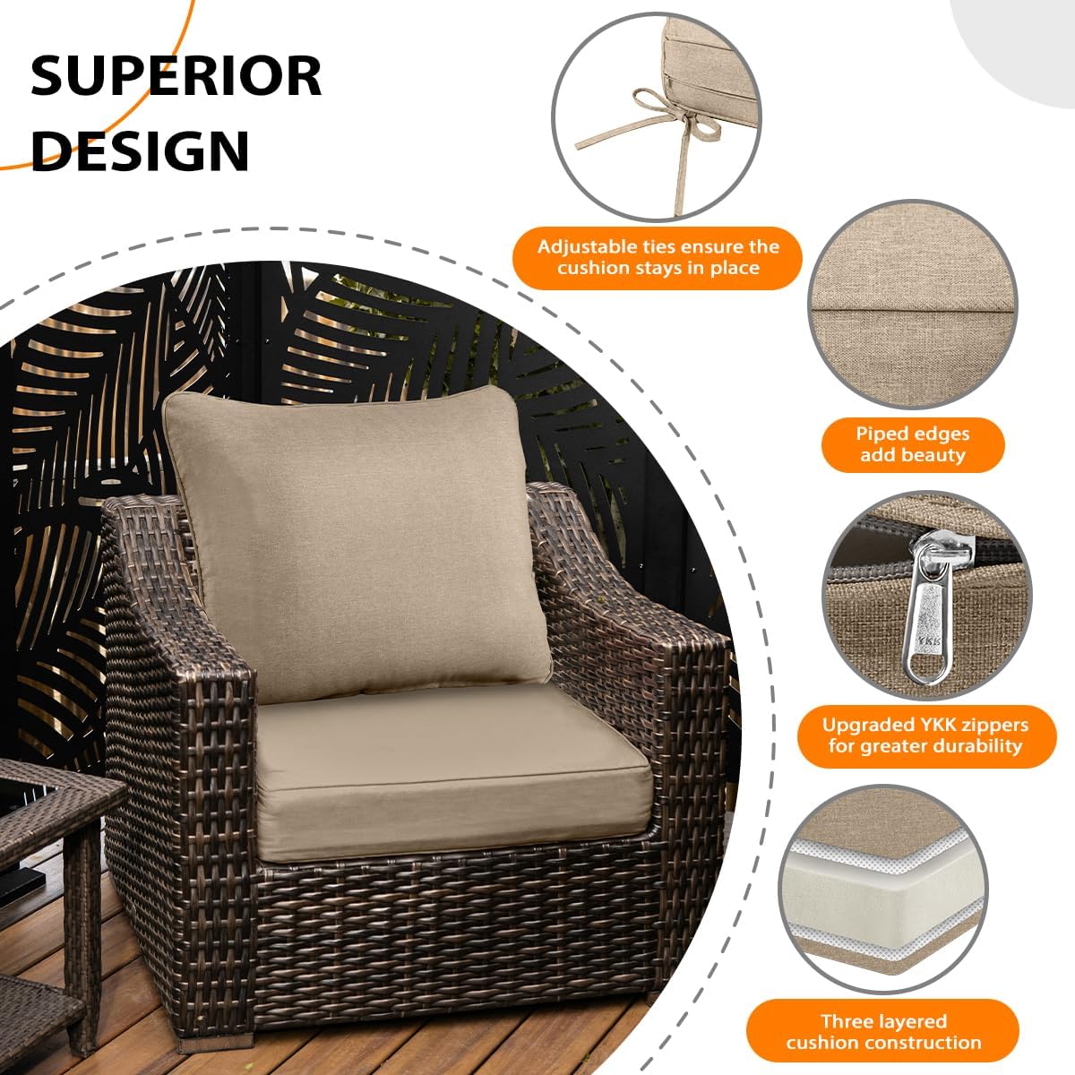 Sundale Outdoor Olefin Deep Seat Cushion, Patio Chair Cushion and Pillow, Water-Resistant Sectional Sofa Pad with Straps Khaki, 23 x 26 x 4 Inches