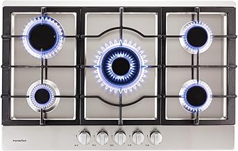 PremierTech PC5G75 5 Burner Gas Hob, 75 cm, Stainless Steel, Central Burner, Cast Iron Supports, Methane Ready and LPG Nozzle Kit Included