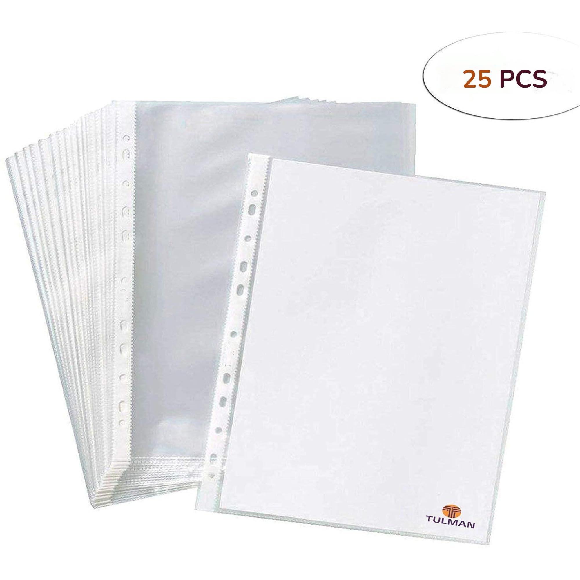TULMAN A4 Size Transparent Document Sleeves, 25 Pcs, Heavy Duty Clear Sheet Protectors, 150 Microns, Plastic Leaf, Waterproof, 11-Hole Punched for Ring Binders & Files, Office & School Use 1