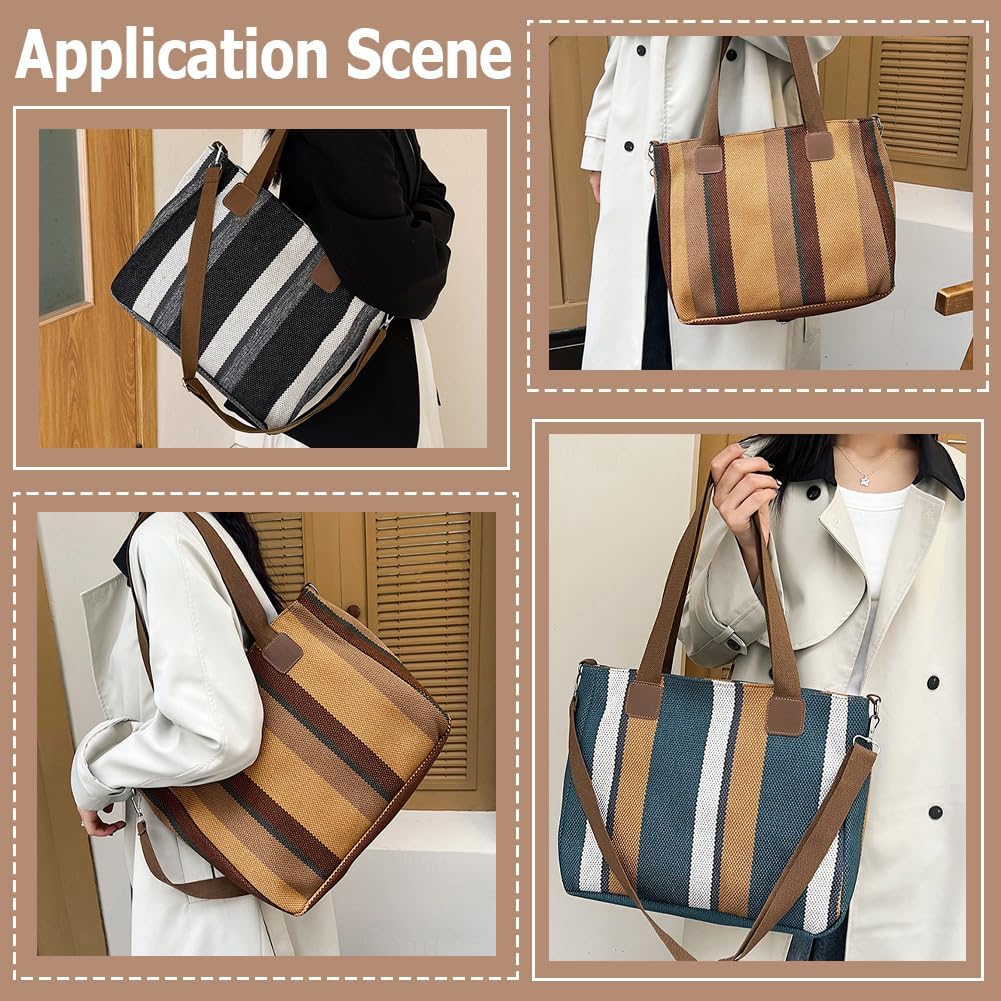 CREATCABIN Striped Canvas Tote Bag Versatile Large Capacity Reusable Beach Shopping Grocery Bag Zipper Shoulder Crossbody Pur - Image 7