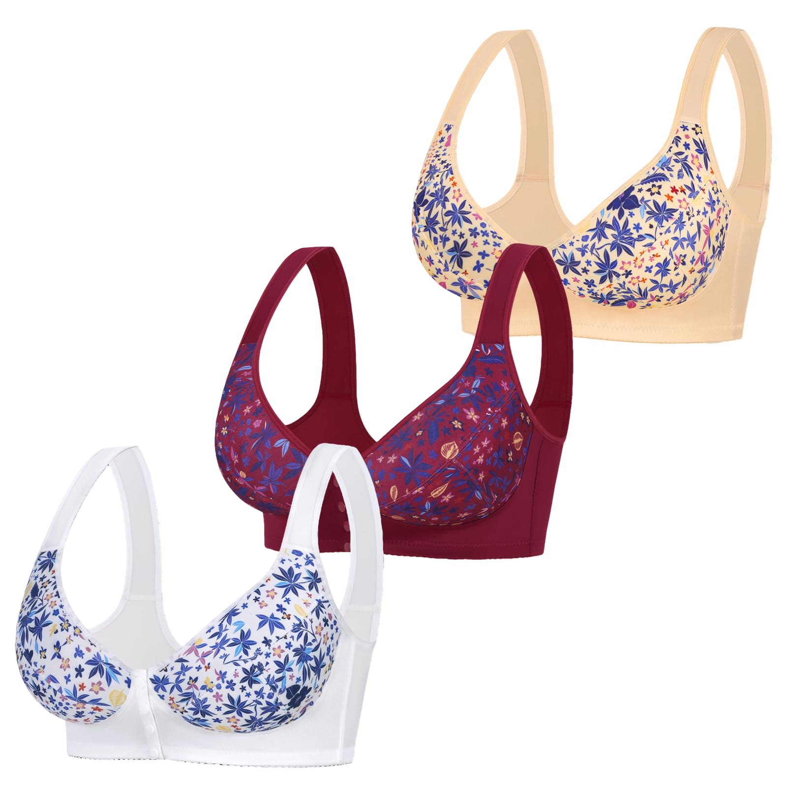 Sujetador Cierre Delantero Sin Aros para Mujer Pack De 3 Sostenes De Mujer Talla Grande Espalda Ancha Sujetadores Comodos Ropa Interior Estampado Floral para Dormir
