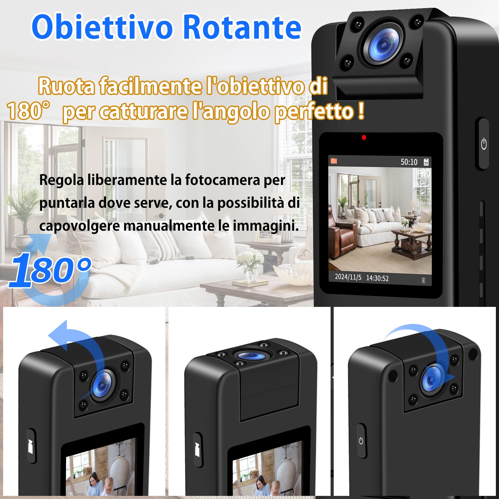 TANGMI Videocamera Body, Obiettivo Rotante a 180° con Video e Audio Body Cam, HD 1080P Grandangolo a 120°, Visione Notturna Rilevamento del Movimento Bodycam con Attacco a Dado da 1/4” per Biciclette