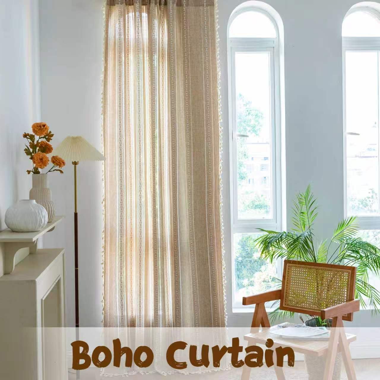 Sutuo Home Natural Boho Curtains 96 Inches Long for Bedroom Living Room, Privacy French Country Farmhouse Vintage Chic Tassels Hollow Window Treatment Bohemian Drape, 1 Panel 52" W x 96" L