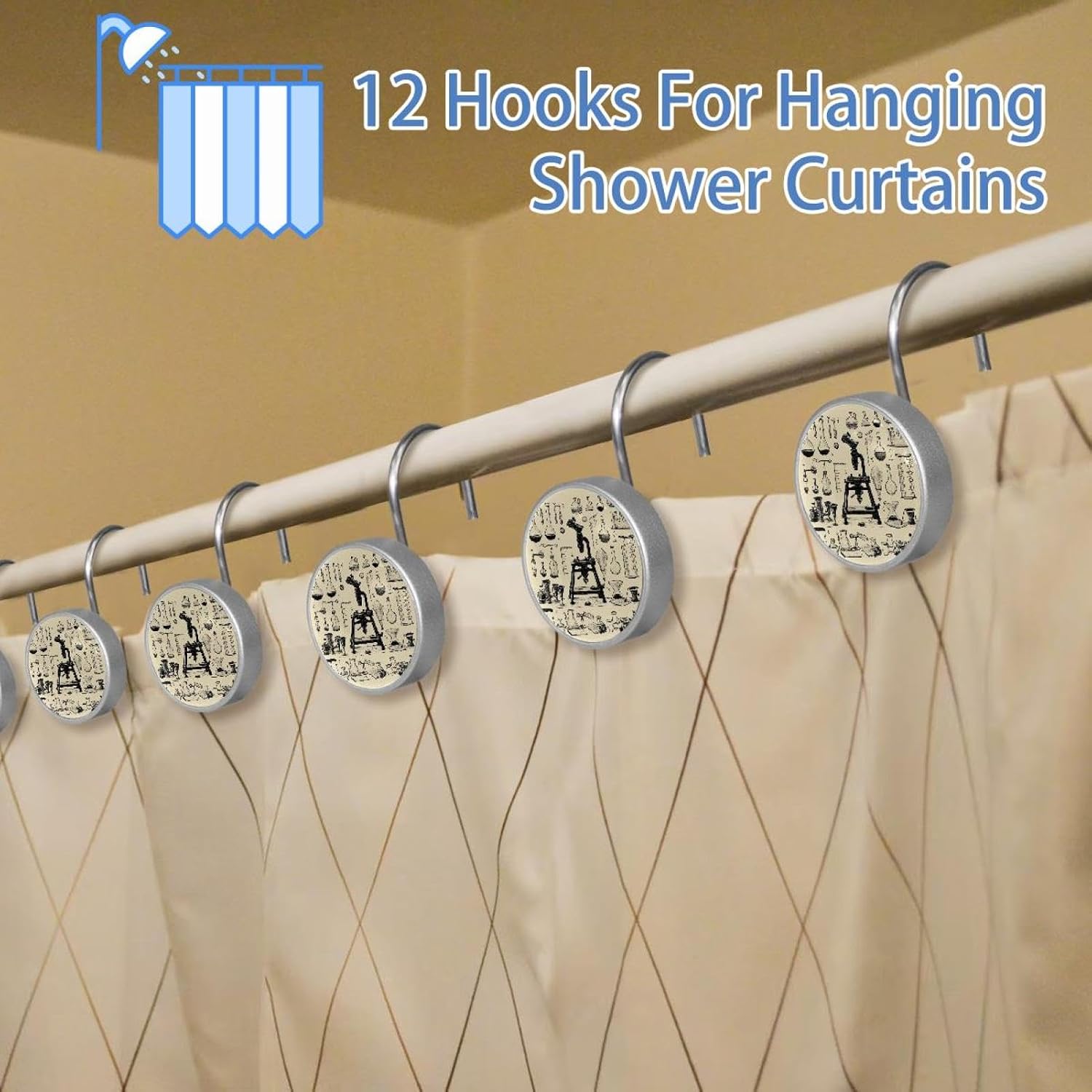 12PCS_Chemistry Scientific Education Elements Shower Curtain Hooks Metal Rust Resistant Decorative Shower Curtain Hooks Bathroom Decorations
