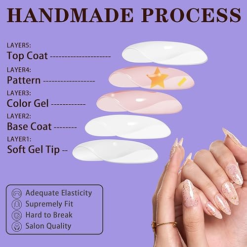 Miniatura 6 de Uñas cortas a presión de almendra, hechas a mano, con diseño de estrellas nude, ajuste supremo y naturales, uñas postizas reutilizables con mini