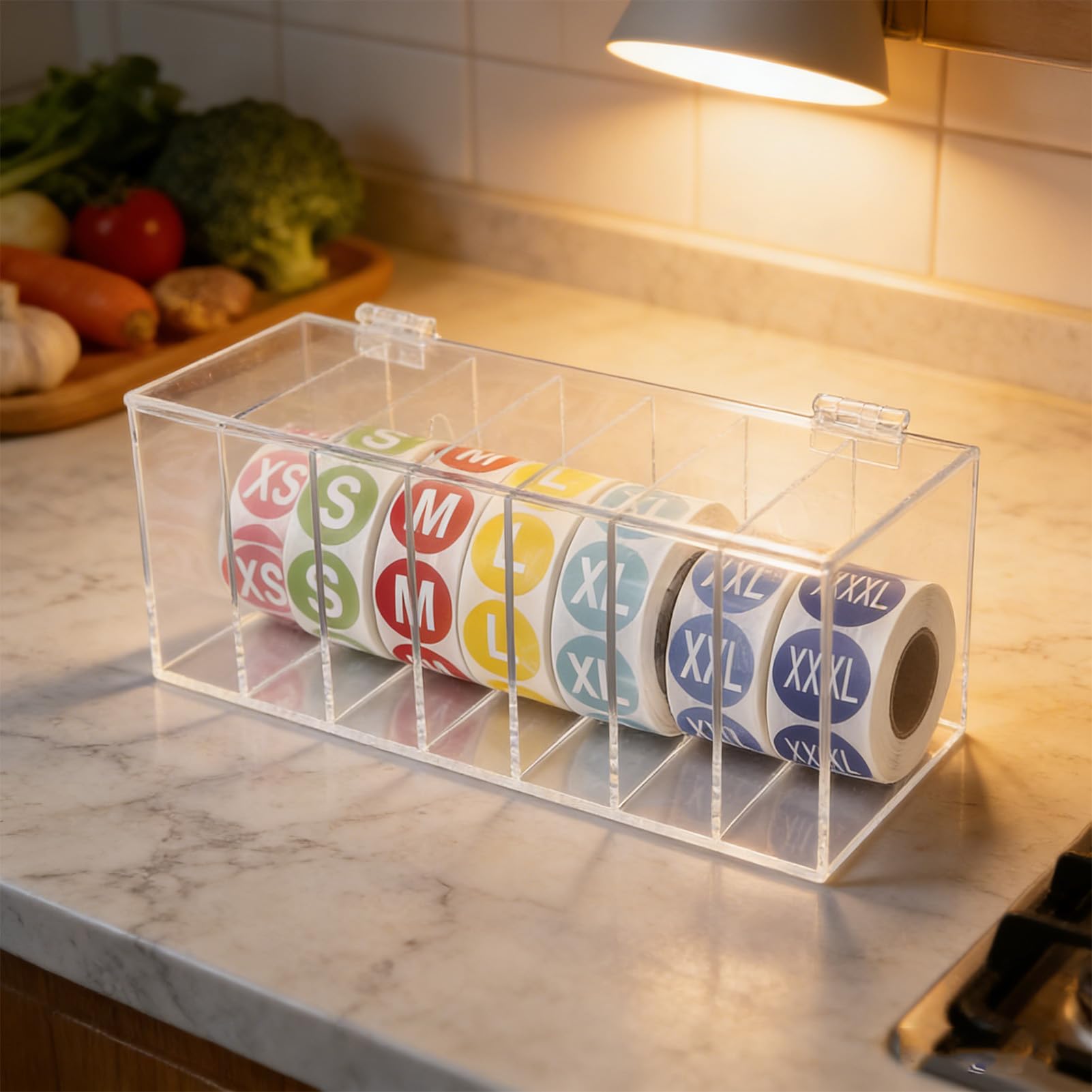 Dispenser per Etichette in Acrilico, Portarotolo Adesivo per Montaggio a Parete a 7 Slot con 7 Rotoli di Etichette per L'organizzazione Dell'home Office