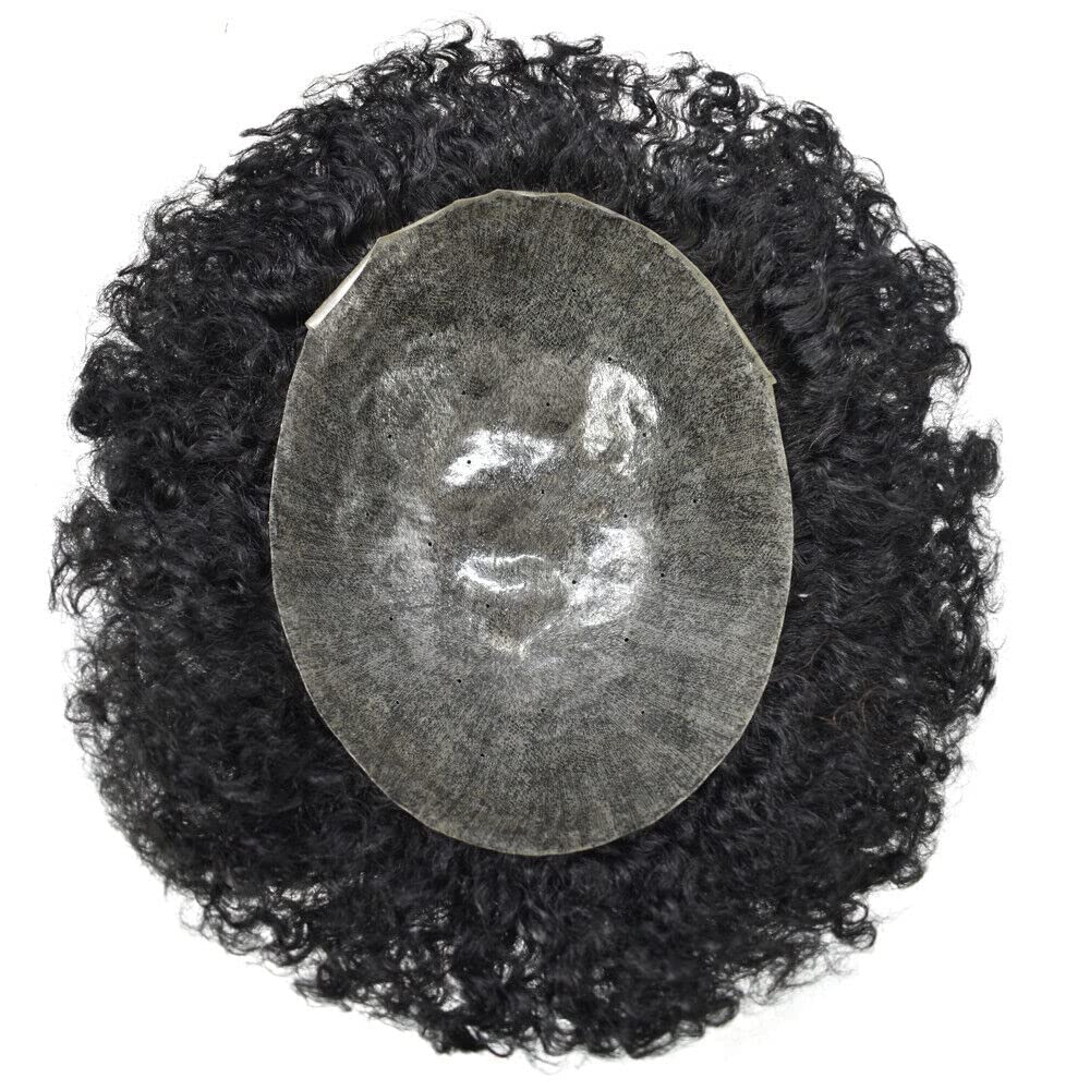 Afro Toupee for Black Men Kinky Curly Brazilian Human Hair Piece African American Afro Wavy Men Toupee Hairpieces Full Poly Thin Skin Men Replacement System 8X10 Hair Units Black Men (6mm Curly wave-1B# Natural Black)