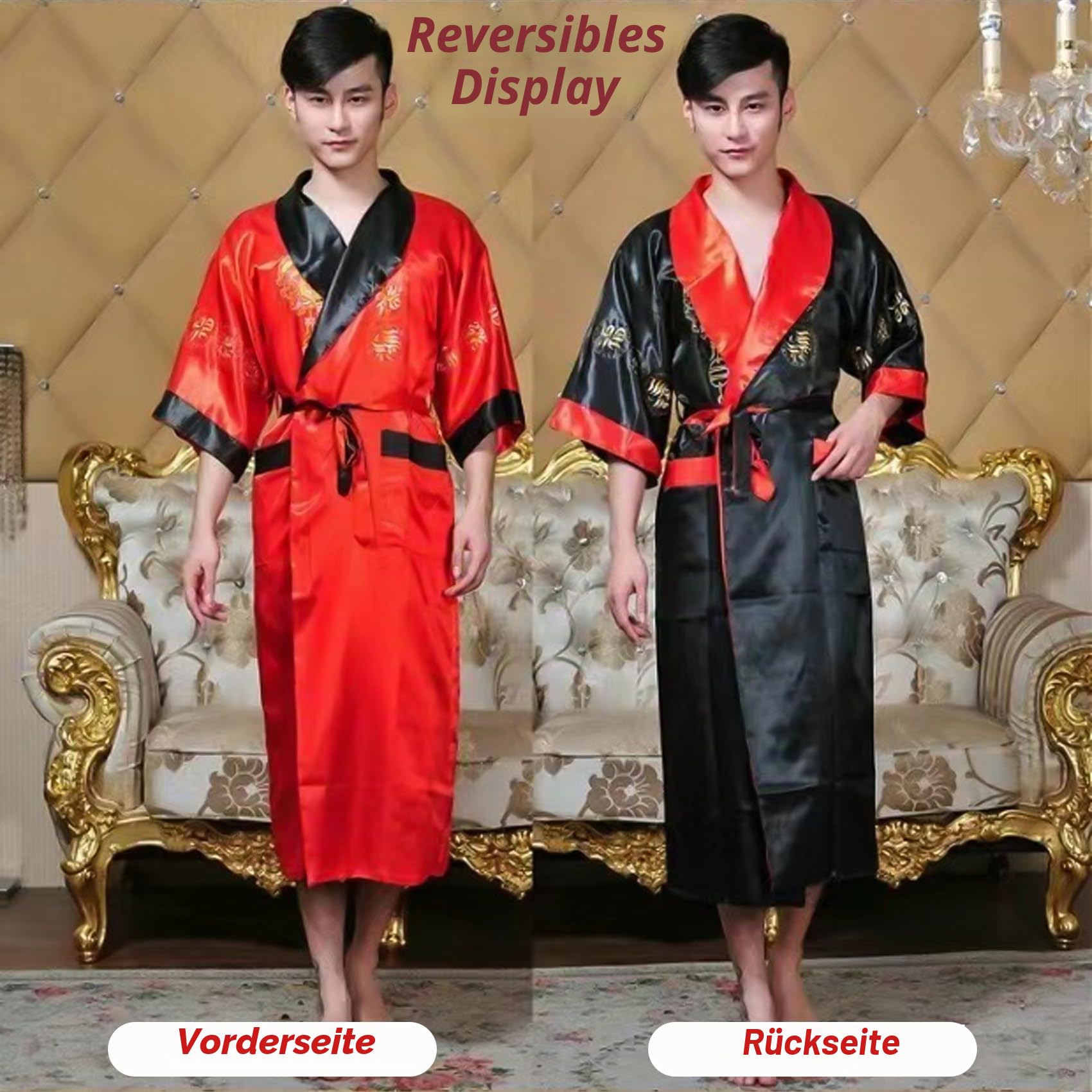 Herren-Kimono, Seide, wendbar, Seide, Bademäntel, chinesischer Drache, Kimono für Herren, mit Gürtel