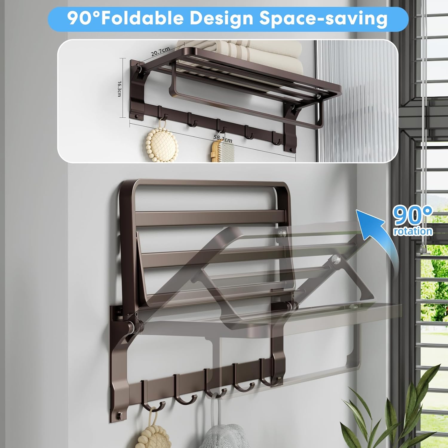 90° Foldable Towel Racks for Bathroom Wall Mounted with Rustproof Aluminum Towel Bar5 Towel Hooks 23IN Shelves Organizers Storage for RV Hotel Lavatory Kitchen Home Decor, Matte Gun Grey