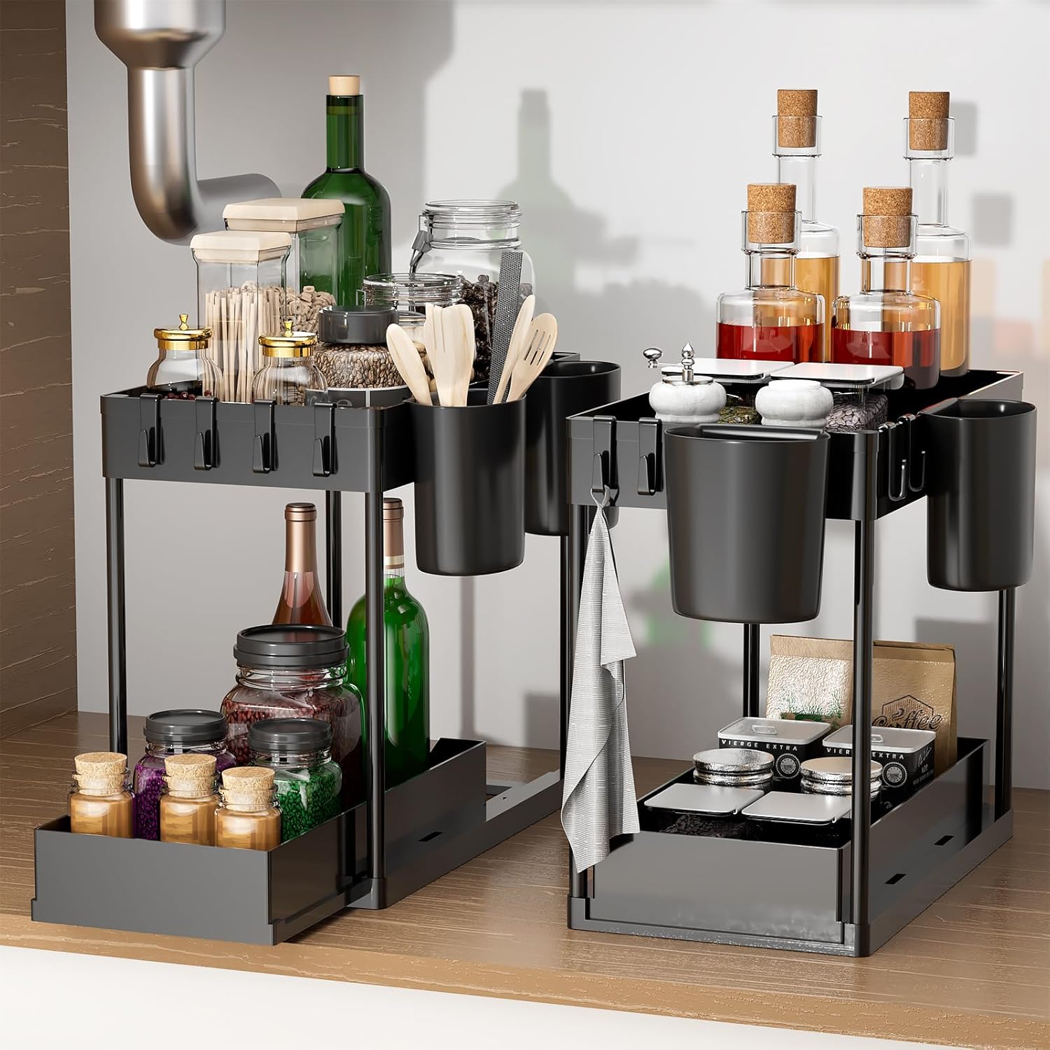 2-Pack Sliding Under Sink Organizers with Hanging Cups