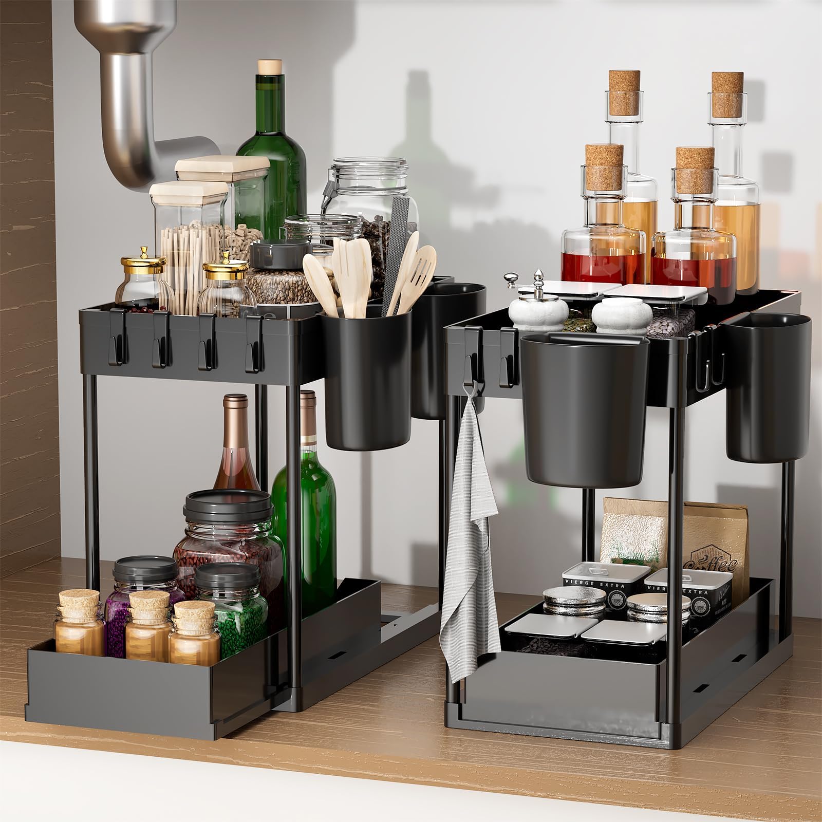 Under Sink Organizers and Storage 2 Pack, 2 Tier Sliding Under Sink Organizer with Hooks and Hanging Cups Large Size, Multi-Purpose Bathroom Storage, Cabinet Organizer for Home Organization