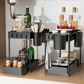 Under Sink Organizers and Storage 2 Pack, 2 Tier Sliding Under Sink Organizer with Hooks and Hanging Cups Large Size, Multi-Purpose Bathroom Storage, Cabinet Organizer for Home Organization