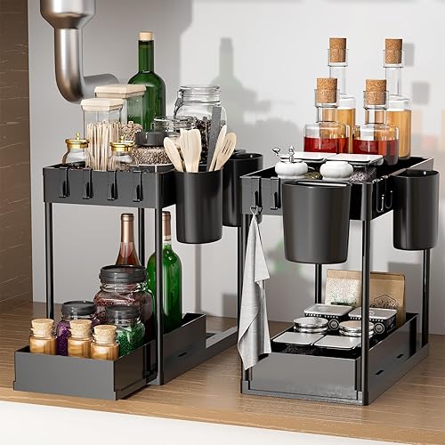 TCHCWYS Under Sink Organizers and Storage 2 Pack, 2 Tier Sliding Under Sink Organizer with Hooks and Hanging Cups Large Size, Multi-Purpose Bathroom Storage, Cabinet Organizer for Home Organization
