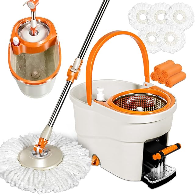 Masthome Mop and Buckets Sets, Spin Mop Bucket with Foot Pedal & 5 Reusable Pads, 360° Rotating Microfibre Mop and Bucket for Cleaning Floors - Send 5 Cleaning Cloths