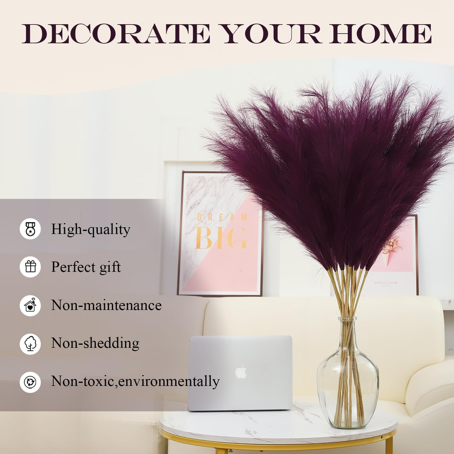 43" Faux Pampas Grass Decor Purple & White - Artificial Pampas Grass Small Pampas Grass Fluffy Pompas Floral Arrangement