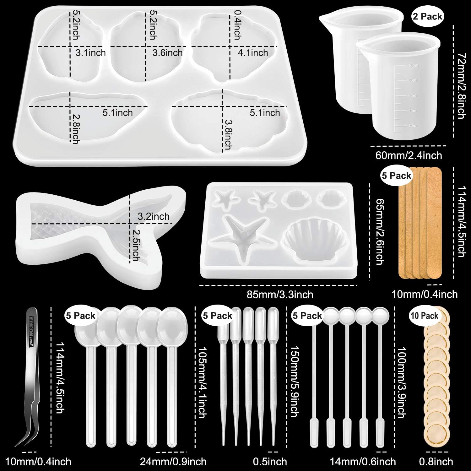 Richoose 37Pcs DIY Resin Casting Mold Set Includes 3Pcs Silicone Molds with Irregular Agate Geode, Mermaid Tail, Seashell Starfish and 34Pcs Tools for Epoxy Resin Coaster Home Decor