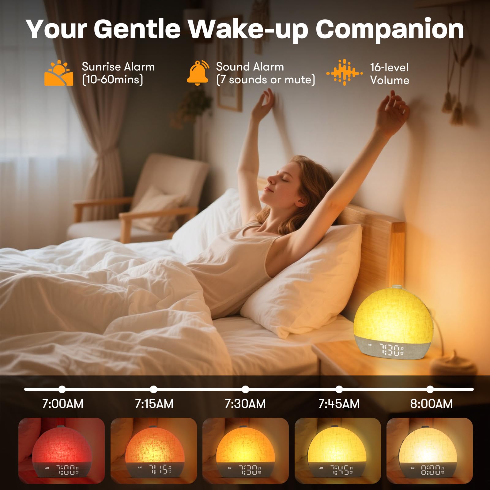 Sveglia luminosa con simulazione dell'alba e cambio colore, sveglia con display a LED, funzione sveglia, grigio