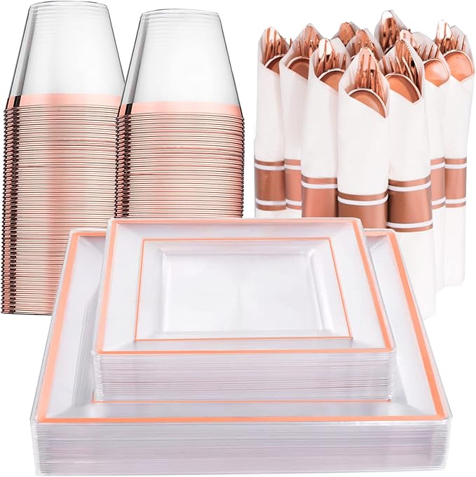 LLSF 175 Pcs Rose Gold Plastic Plates, Disposable Rose Gold
