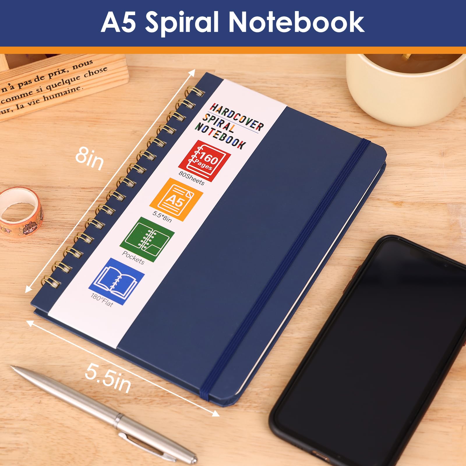 LABUK Spiralnotizbuch, 160 Seiten, A5, liniert, Hardcover, 14 x 20,3 cm, College, liniert, Spiral-Tagebuch, Notizbücher für Damen und Herren, Arbeit, Schreiben (Marineblau)