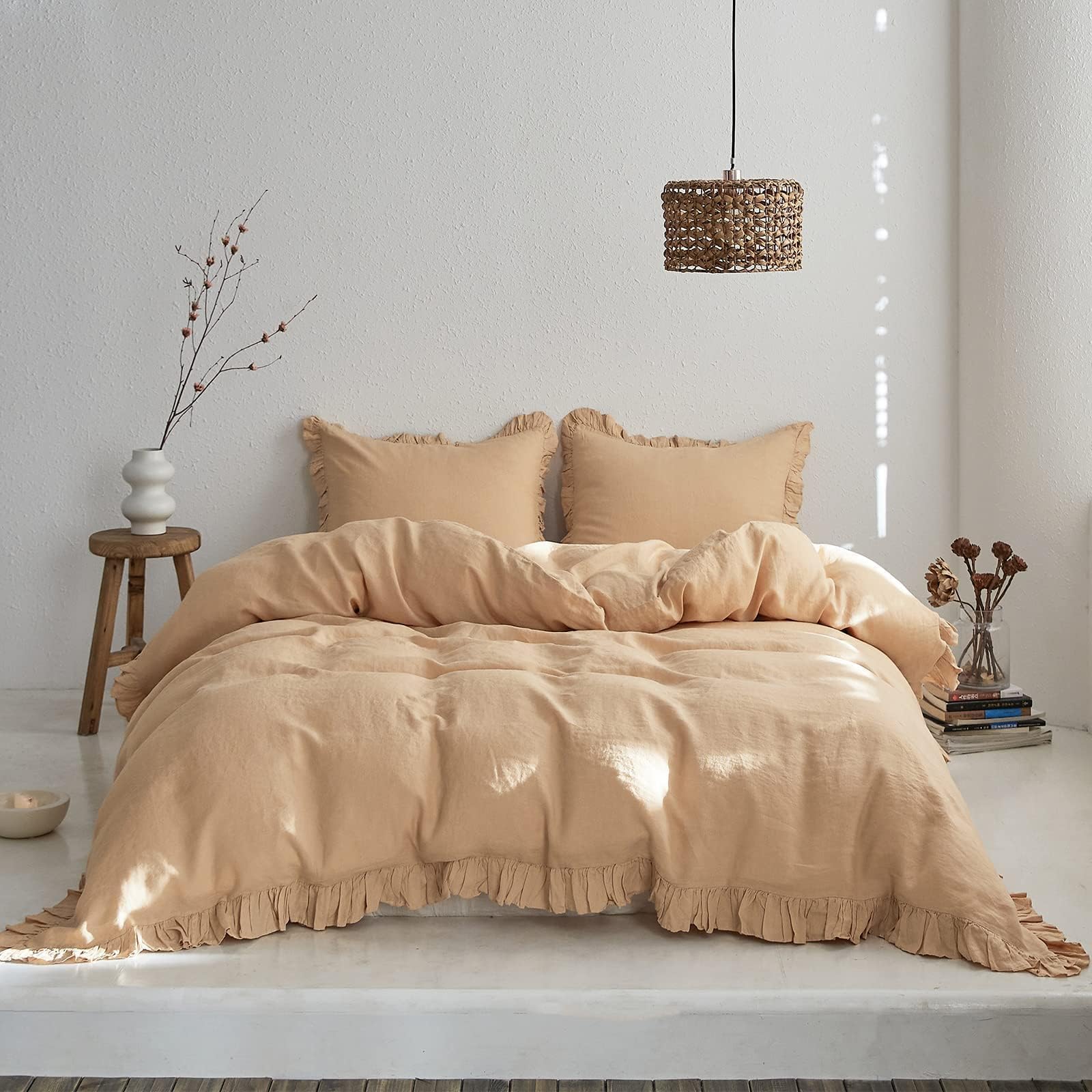 Parure de lit 3 pièces 100% lin lavé de France avec housse de couette sable double
