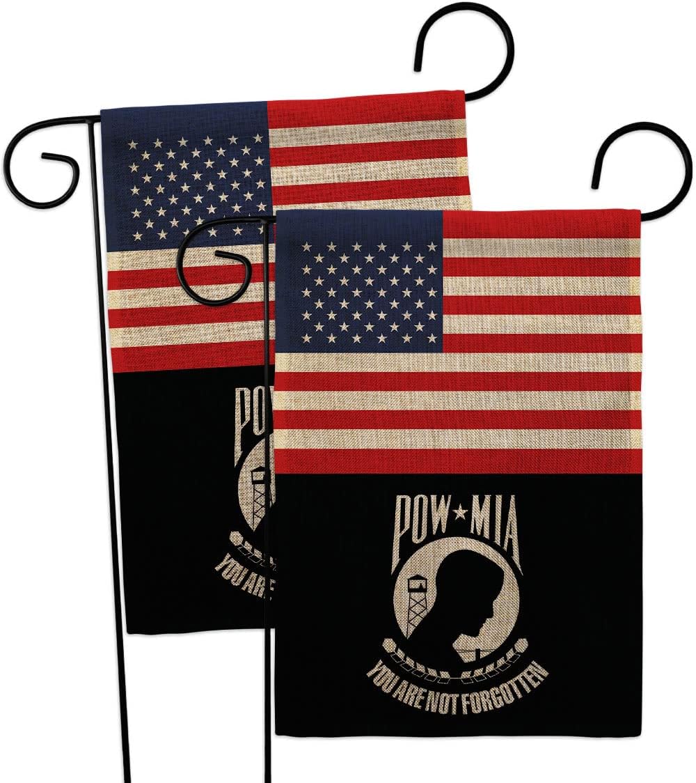 US POW MIA Garden Flags 2pcs Pack Armed Forces Vietnam WarUnited State American Military Veteran Official Small Decorative Gift Yard House Banner Double-Sided Made In USA 13 X 18.5