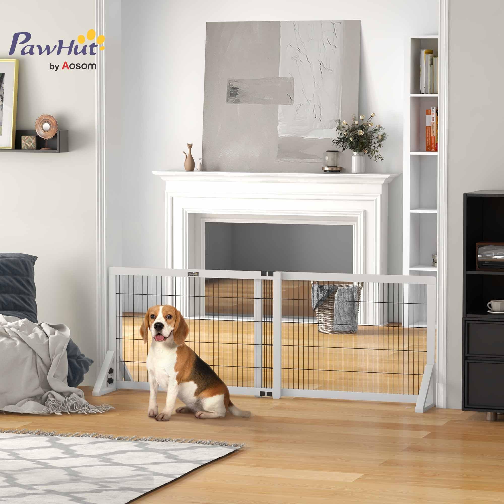 PawHut - Barrera de Seguridad para Perros (2 Paneles, Ancho Ajustable, 101-181 x 44 x 67 cm, Barrera para escaleras, Puertas, pasillos, Madera de Pino y Acero, Color Blanco | Barrera de protección, anchura ajustable, para escalera puerta pasillos, madera