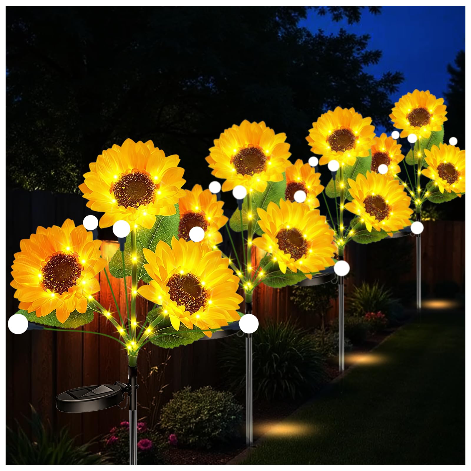Luci solari da giardino a forma di girasole, confezione da 4 pali decorativi per esterni, con luci a LED a forma di lucciola, impermeabili, per cortile, prato, patio