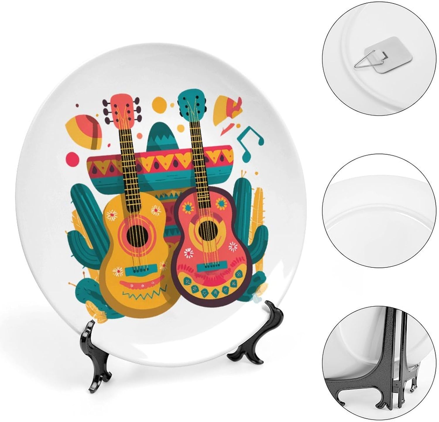 Mexican Music Guitar Cactus Decorative Plates for Display Ceramic Plate Tray with Stand Hanger Home Decor
