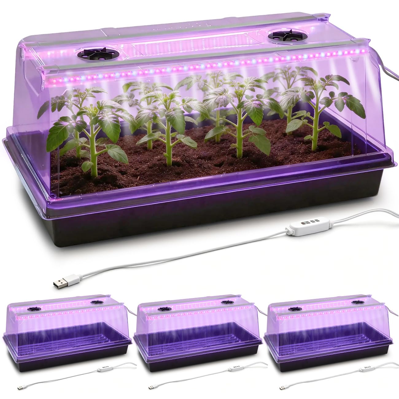 1020 Seed Tray with Grow Lights - 4-Pack 6.3" Extra High Humidity Dome & Heavy Duty Propagation Tray, 8-Pack Integrated 96 Full Spectrum LED with Timer/5 Dimmable Levels, Reusable Greenhouse Kit-image-9