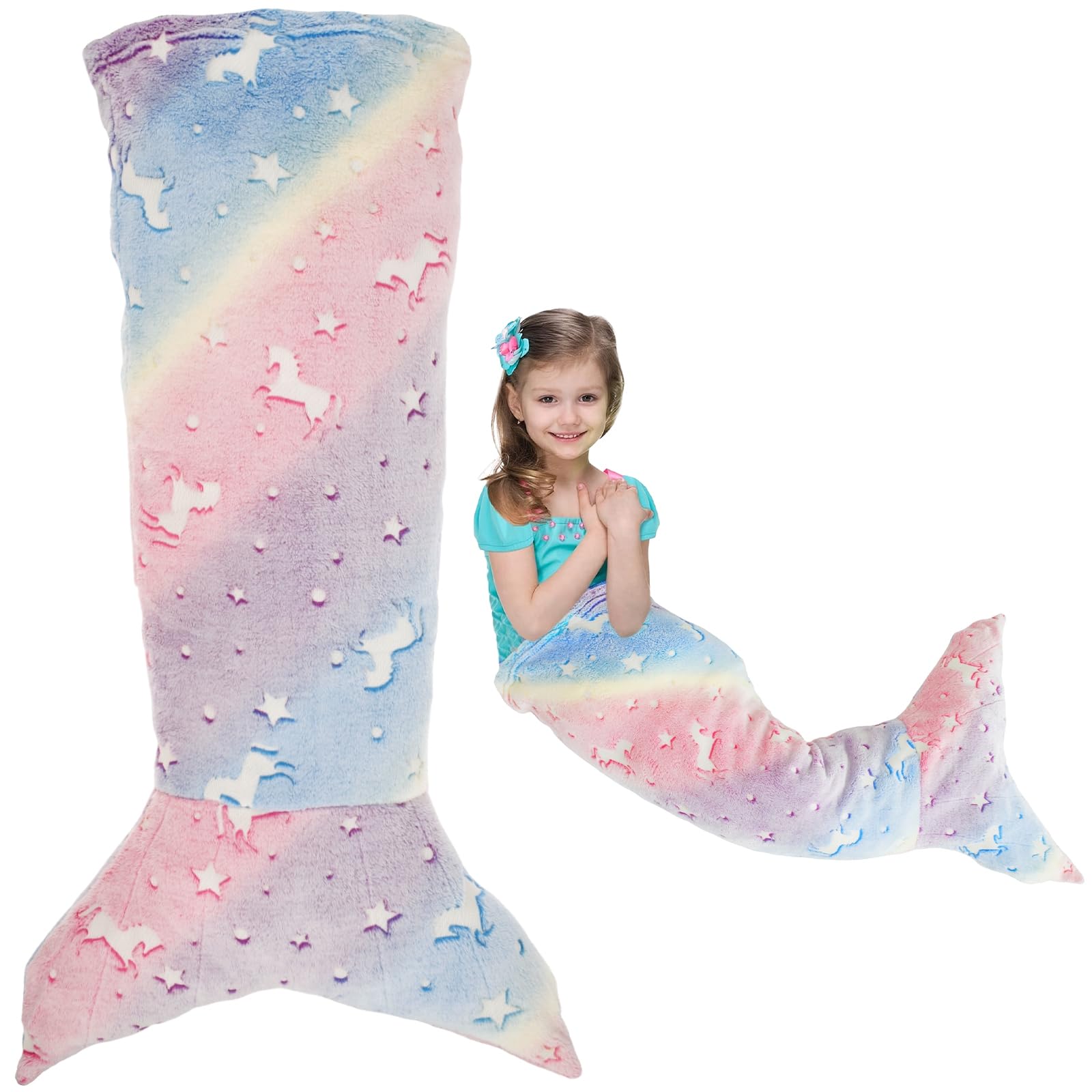 50x100cm Mermaid Tail Blanket, Luminous Little Mermaid Blanket for Girls Gifts, Ultra-Soft Flannel Sleeping Blankets Fish Scale Pattern Snuggle Blankets for Toddlers Birthday (pink purple)