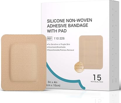 Dimora Silicone Non-Woven Adhesive Bandage, Large 3" x 4", 15 Count | Absorbent Pad, Sterile Dressing, Hypoallergenic Latex-Free, Breathable, For Sensitive Skin & Adhesive Allergy
