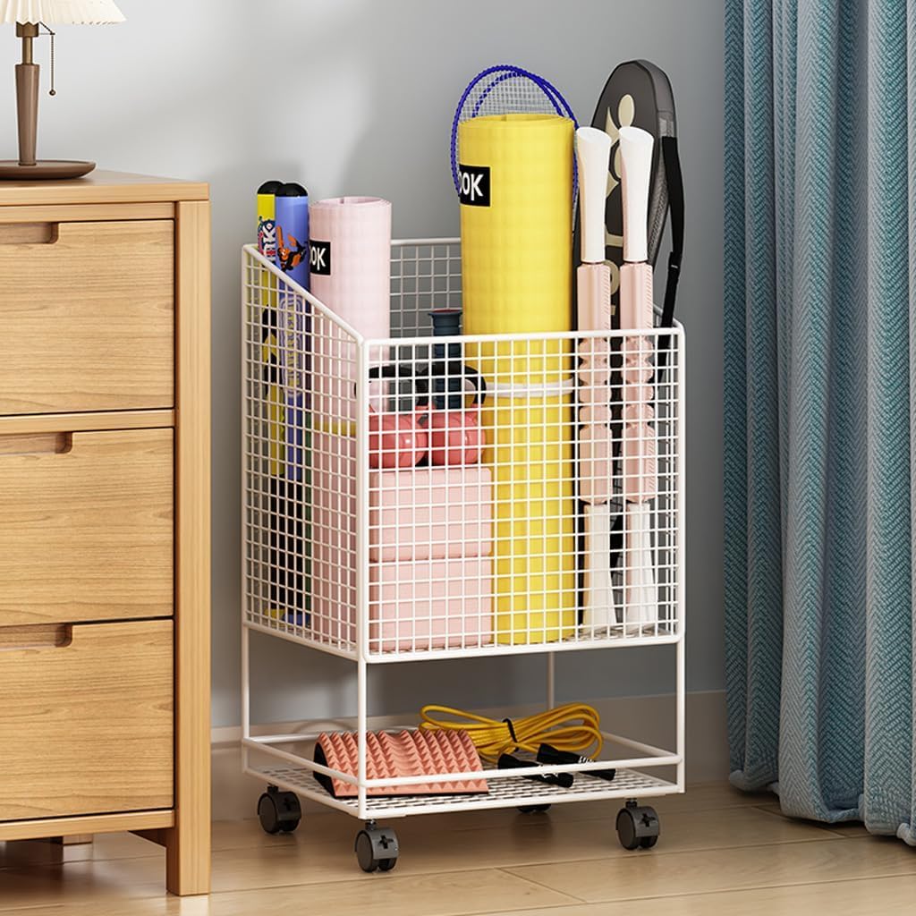Eiwitany Wheeled Yoga Mat Storage Rack - Metal Gym Equipment Organizer, Foam Roller Holder, Fitness Display Shelf for Home Gym (White)