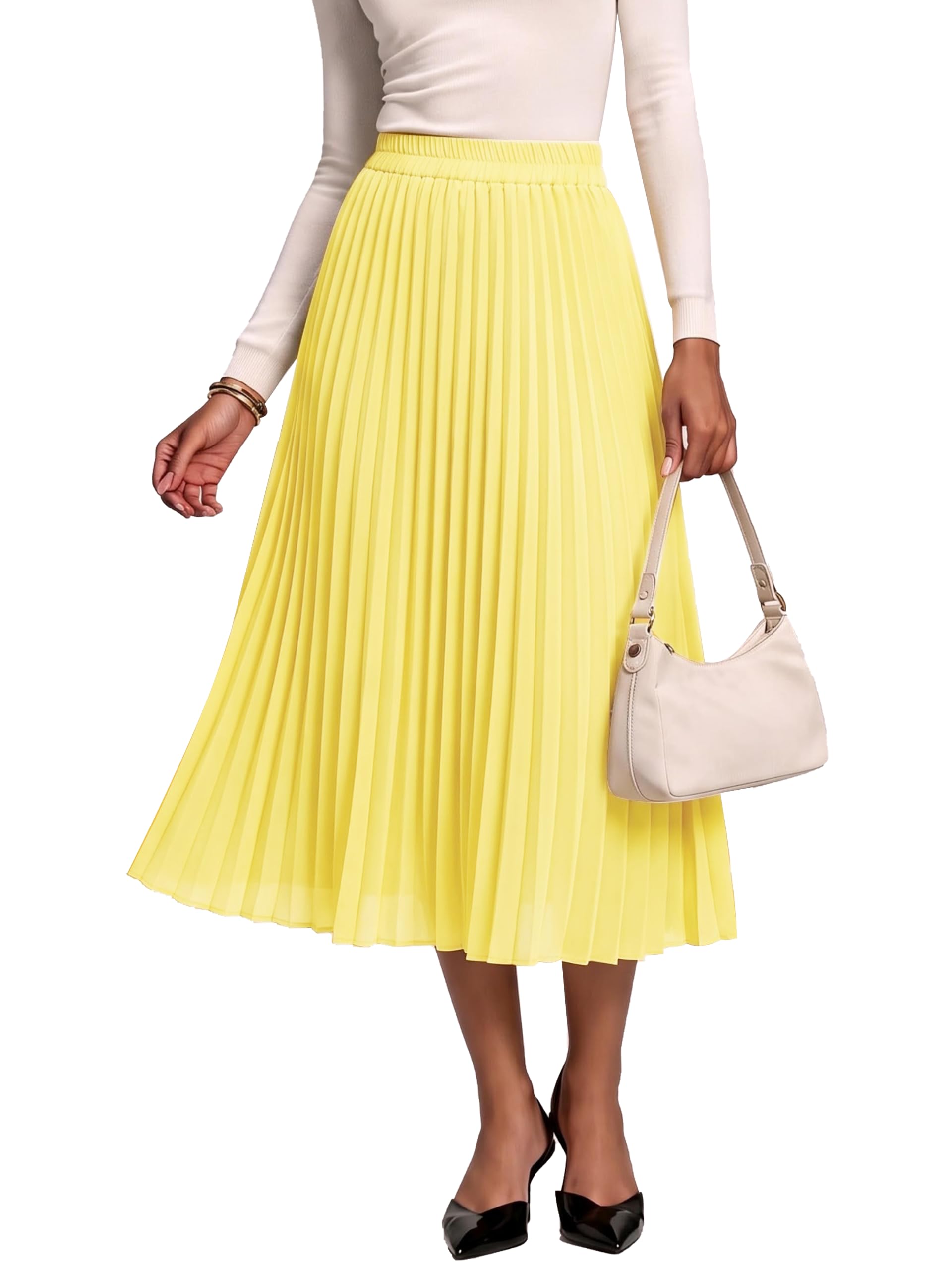 Urban CoCo Women's A Line Elastic Wasit Chiffon Midi Skirt Flare Pleated Skirts with Pockets