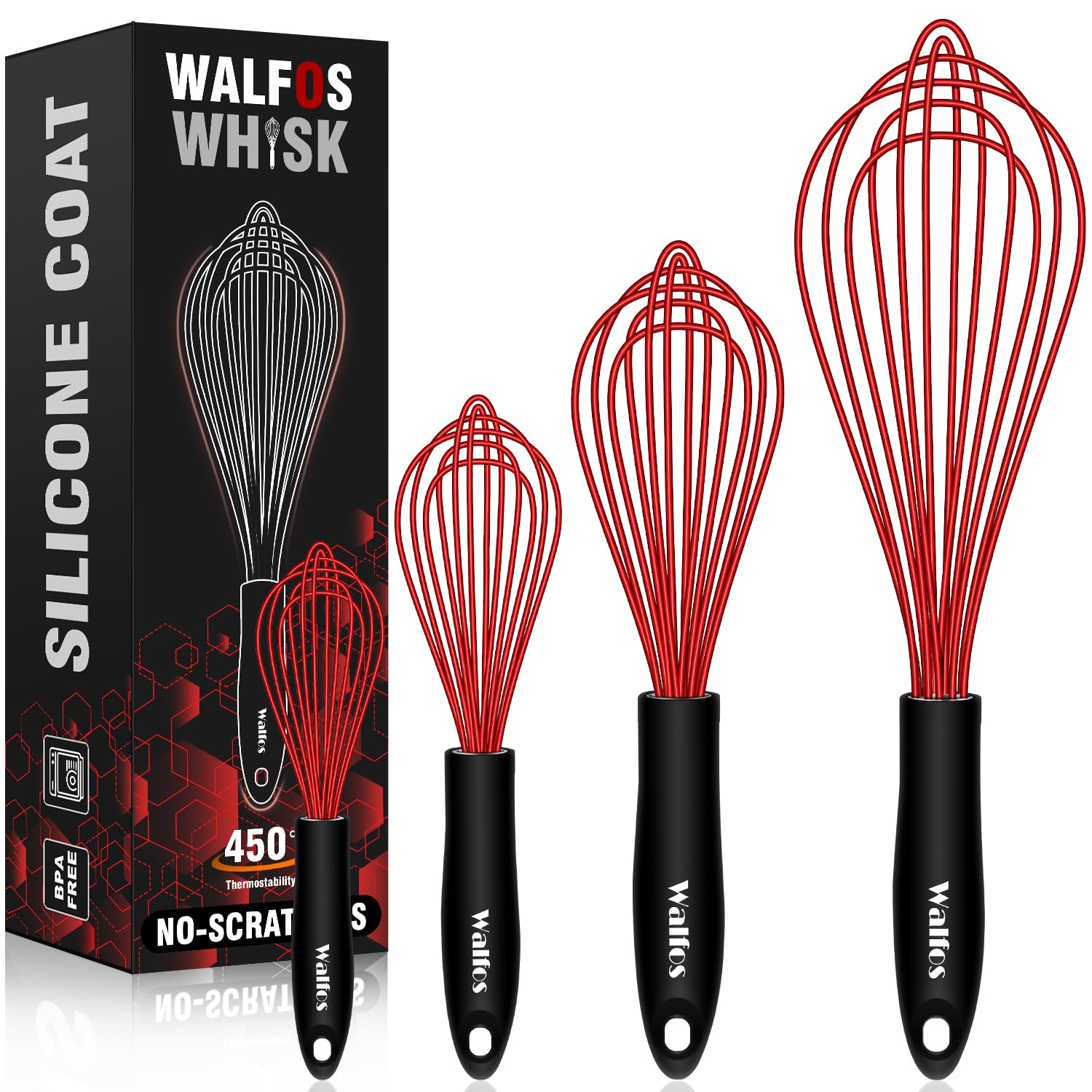 WalfosWhisk,Silicone Whisk Non Scratch-Whisks for cooking set of 4 Heat Resistant(480°F).Nice for Blending Beating Stirring and Kitchen Cooking &Baking.BPA Free and Dishwasher safe.(5+7+9+11inch )Red