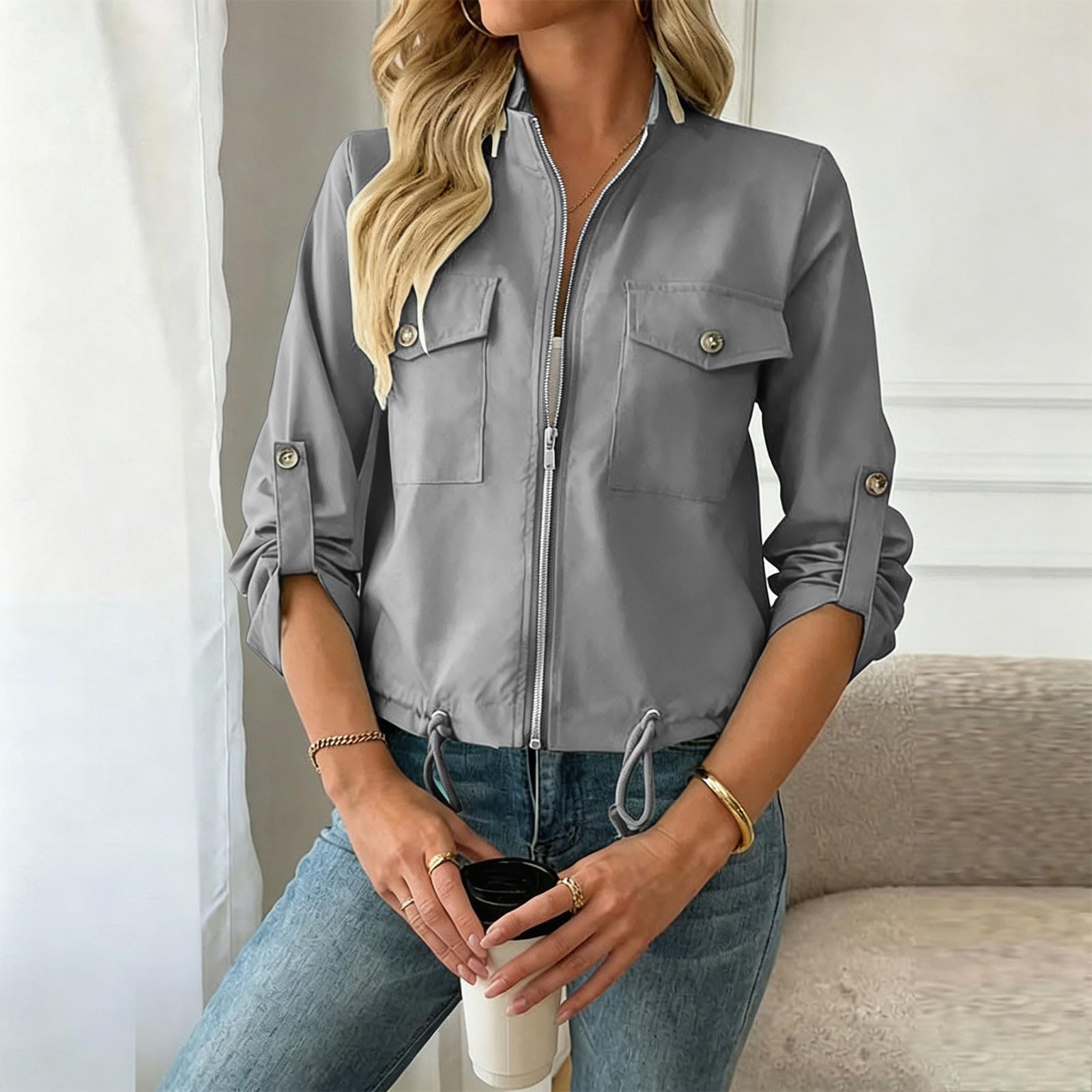 UHouse Bomberjacke Damen Kurzjacke Leichte Blouson Jacke Kurz Bequeme Outdoorjacke Freizeit Arbeitsjacke Lässig Damenjacken mit Brusttasche Cabanjacke Y2k Windjacke Modische Herbstjacke