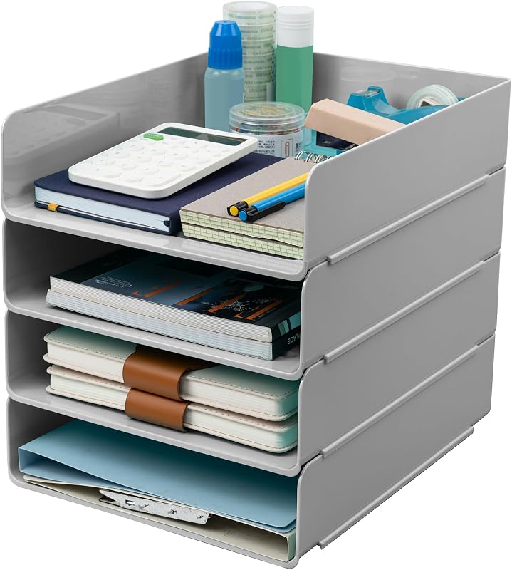Desk Organizer, Office Organization and Storage, Plastic Letter Tray, Stackable File Organizer for Classroom, Home, Documents, Notes, Folders, Books and Pens, 4 Tier