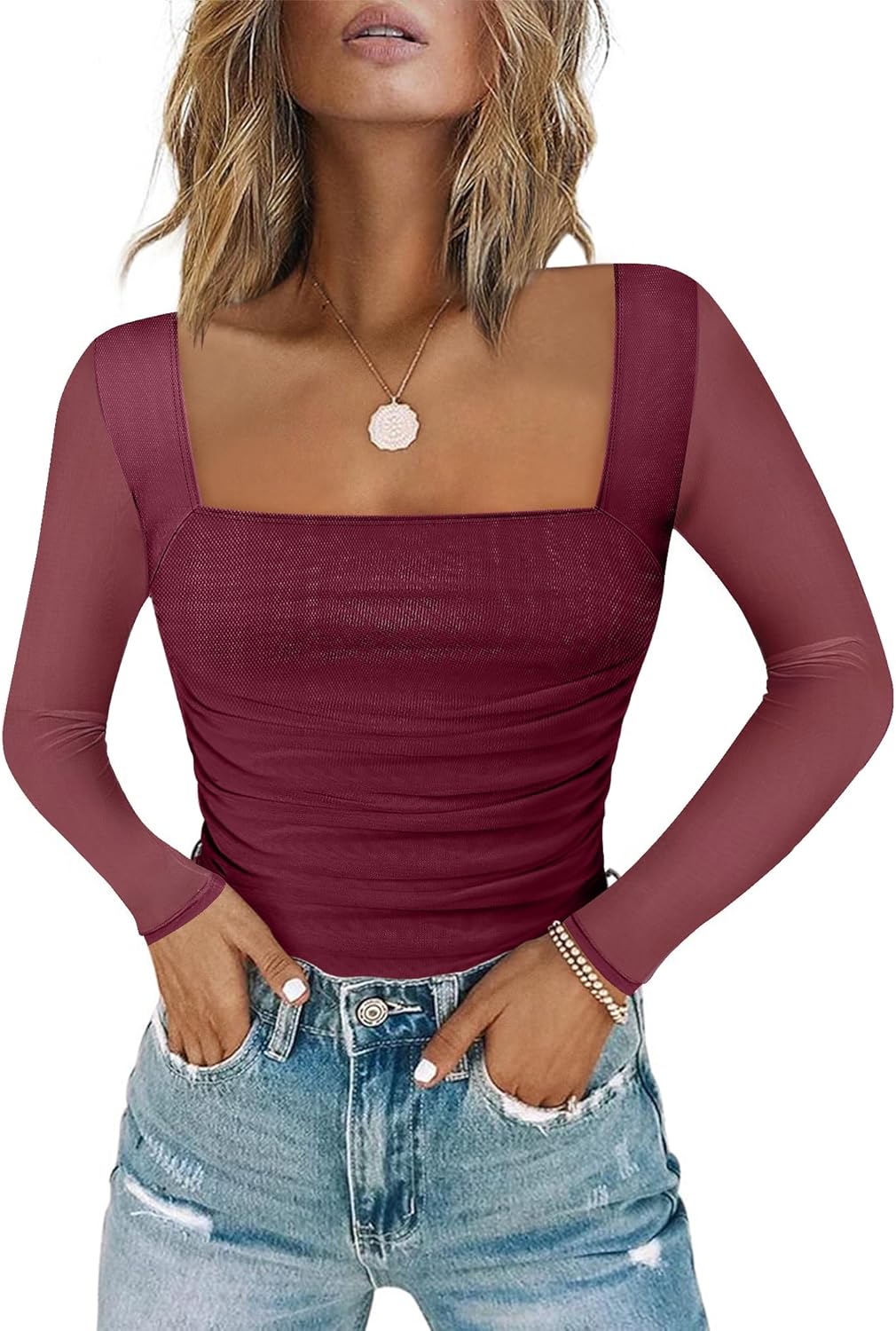 Chunpin Women's Bodysuits Square Neck Long Sleeve Bodysuits Mesh Ruched Thong Body Suit Outfits Going Out Tops