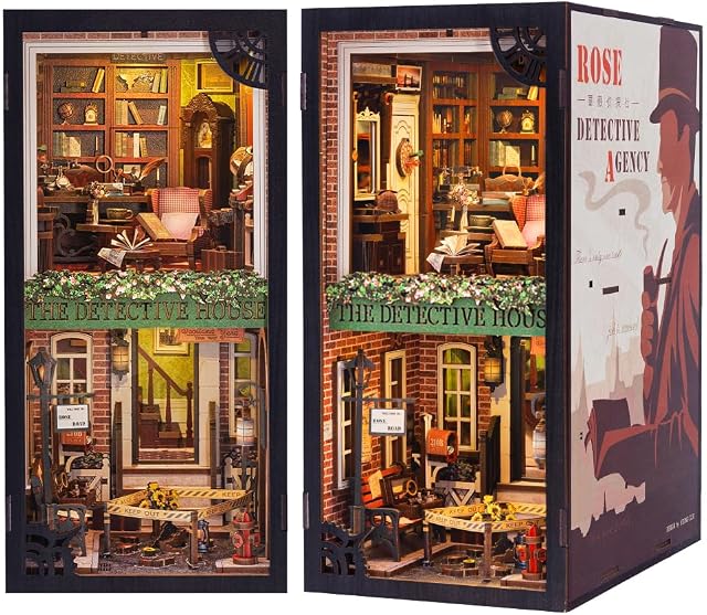 CUTEBEE DIY Book Nook Dollhouse Kit with Dust Cover,Bookshelf Insert DIY Miniature House Kit Booknook Bookend Model Build Creativity Kit Decor Alley with LED Light (Rose Detective Agency)