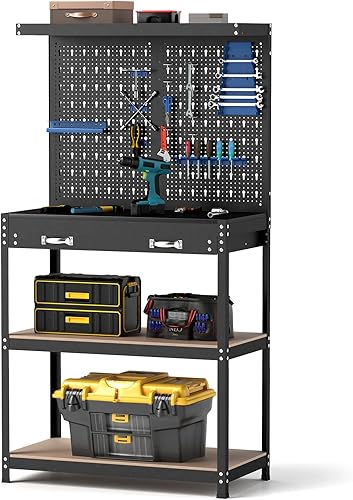Goplus Banco de trabajo, mesa de trabajo con cajón, tablero de clavijas, accesorios para colgar, espacio de cobertura, banco de almacenamiento de