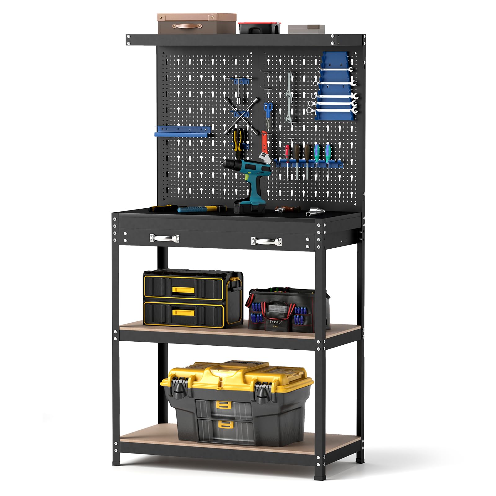 Goplus Workbench, Work Table with Drawer, Pegboard, Hanging