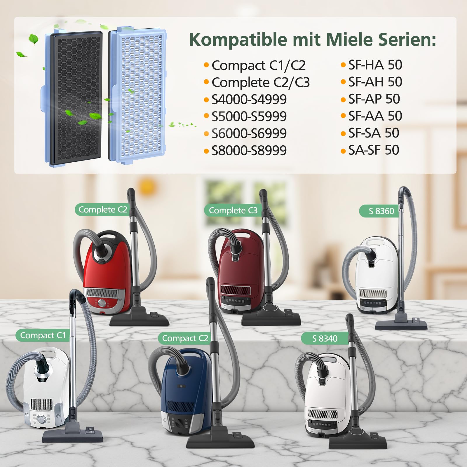 3 Filter für Miele Staubsauger [Compact C1 & C2, Complete C2 & C3, S8340] 3 Motorschutzfilter und 3 Abluftfilter Ersatzfilter Kompatibel mit Miele Staubsaugern S4000, S5000, S6000 & S8000 Series