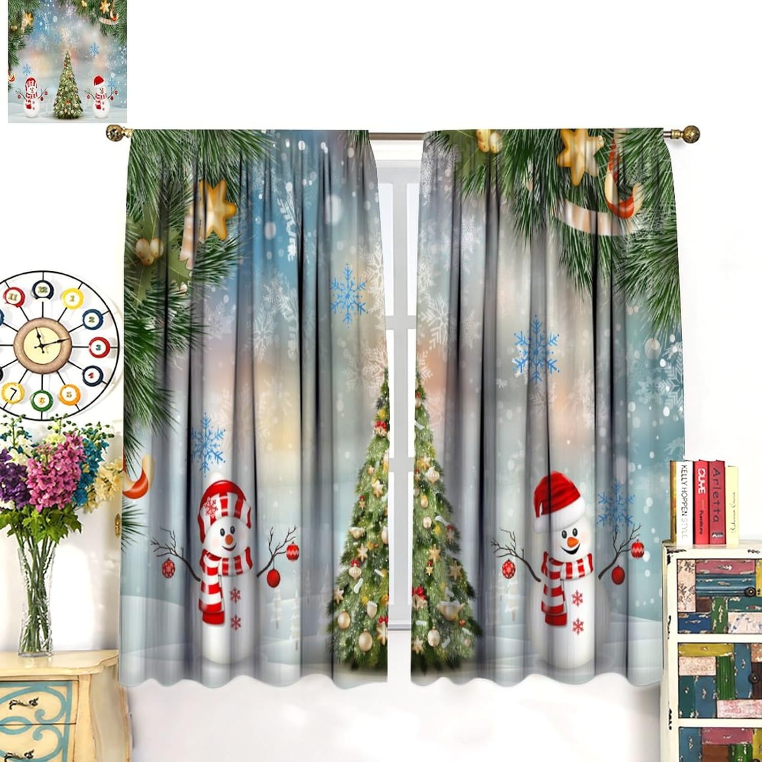 Christmas Curtain Snowman Christmas Tree Classical Ornaments and Baubles Coniferous Pine Tree for Living Room Children's Room Bedroom Dining Rod Pocket Blackout Window Treatment Drapes 42x54in