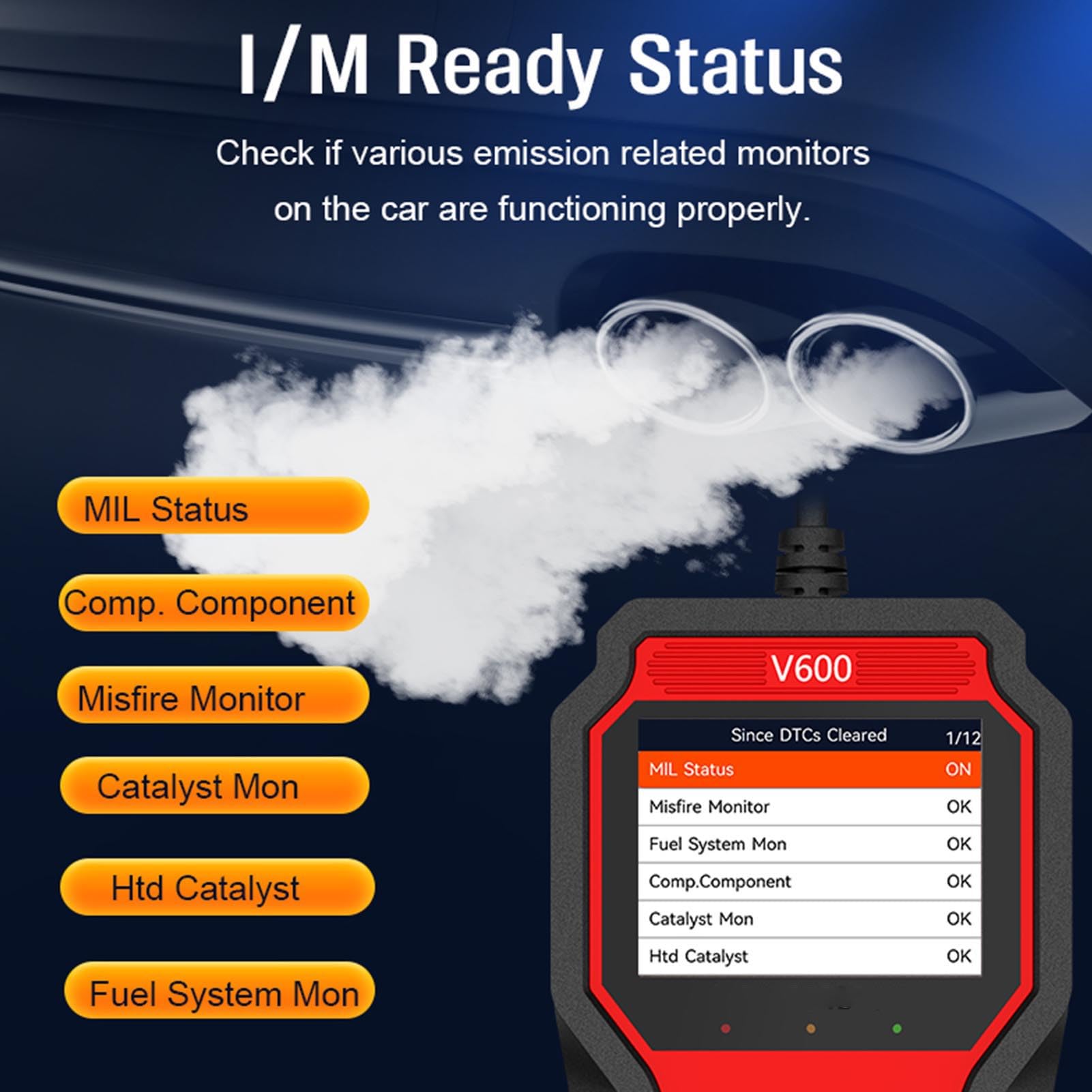 Luocute V600 Auto-OBD-Scanner, 2,8-Zoll-TFT-Farbbildschirm mit One-Click-IM-Bereitschaftstaste und Mehrsprachiger Schnittstelle, für Motorkontrollleuchte